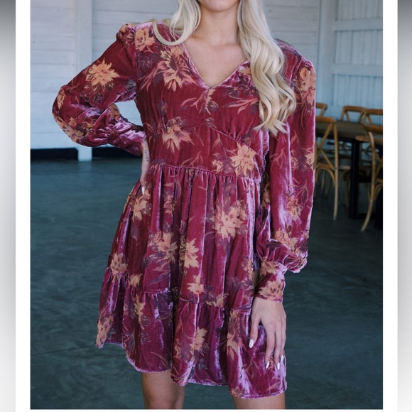 Pink Fit and Flare Long Sleeve Dress with V-Neck